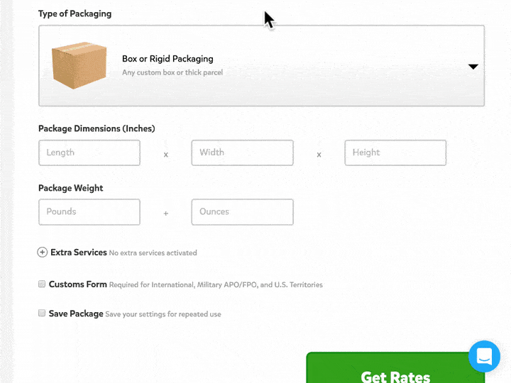 Example of choosing your Packaging Type and Services